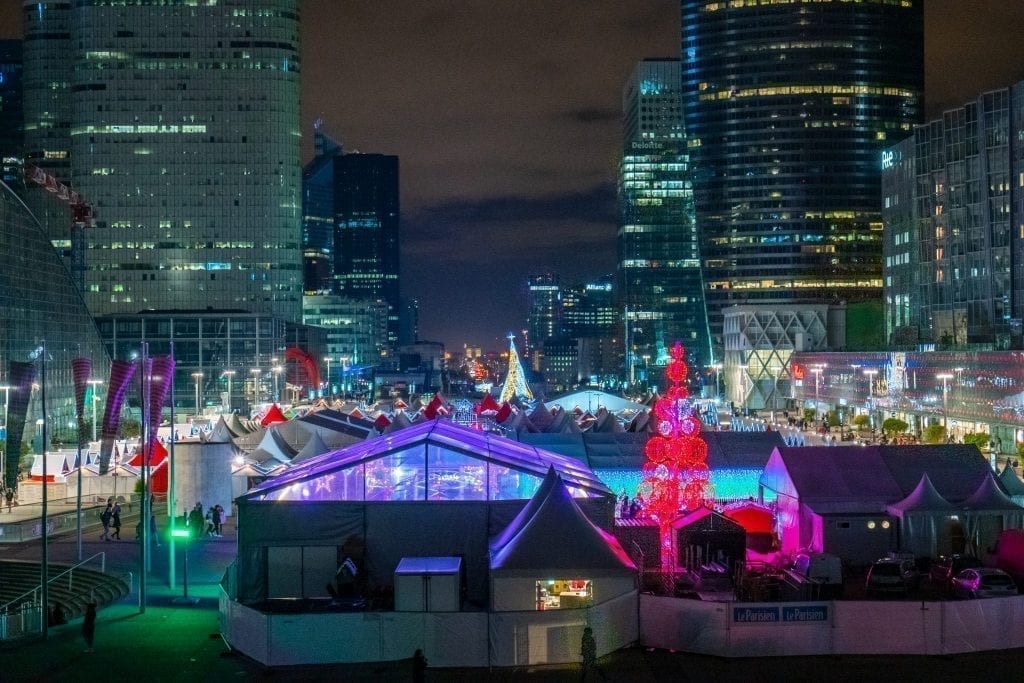 la defense christmas market as seen from above at night in november in paris