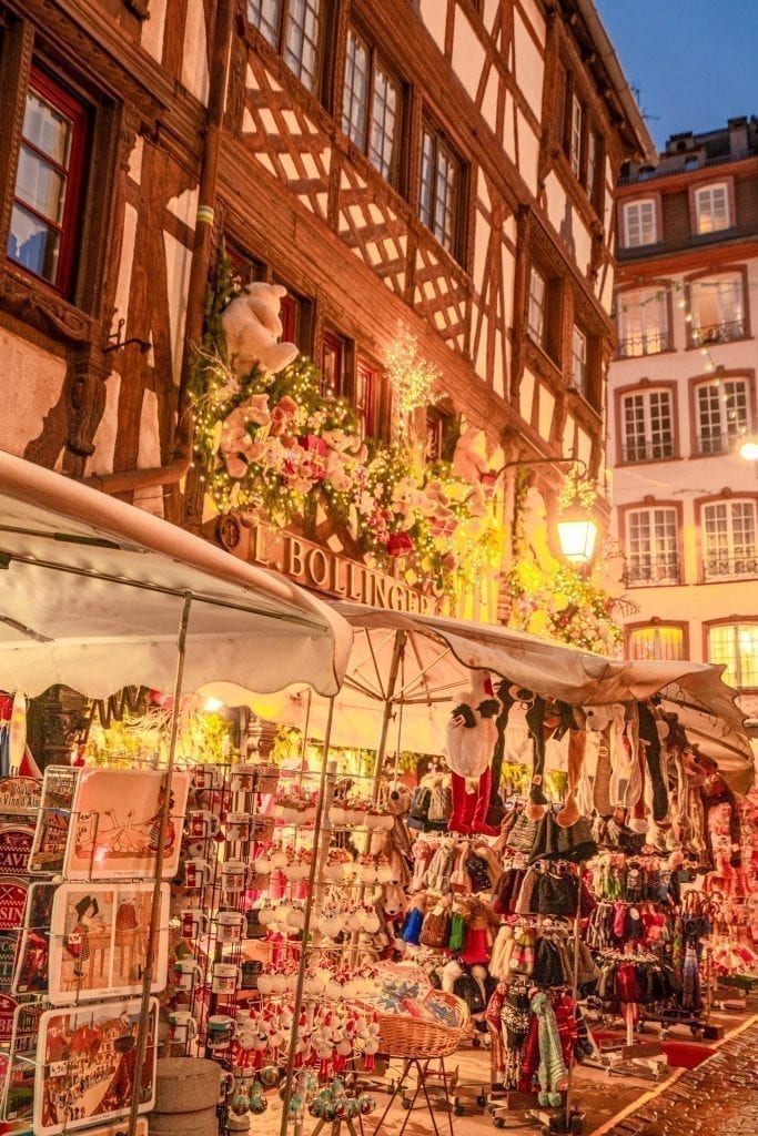 close up of souvenirs for sale in the historic center of strasbourg christmas season