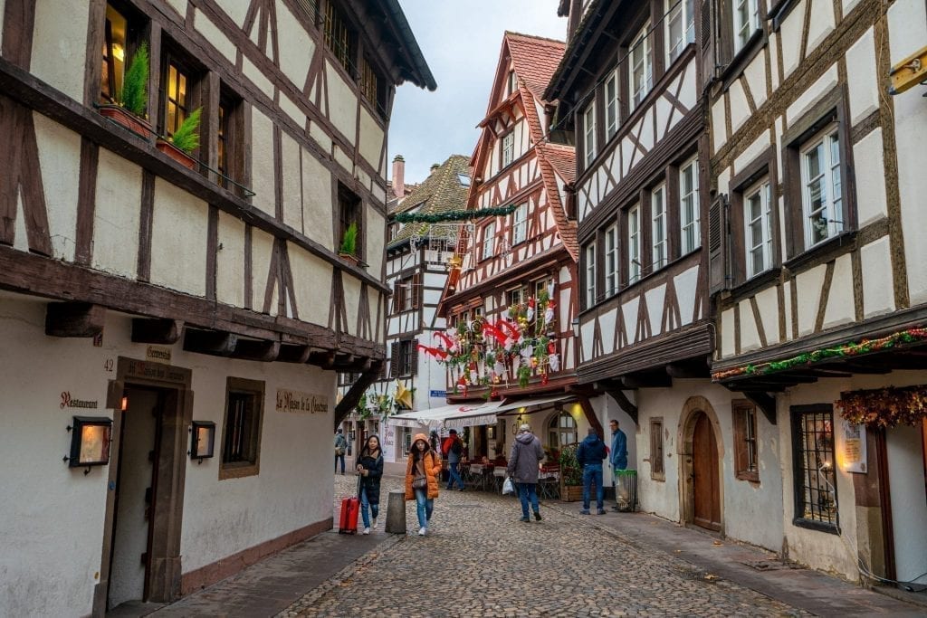 La Petite France neighborhood in Strasbourg in winter with half-timbered houses on either side