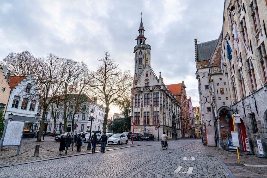 bruges in winter as sunset approaches, taken from stone street facing buildings