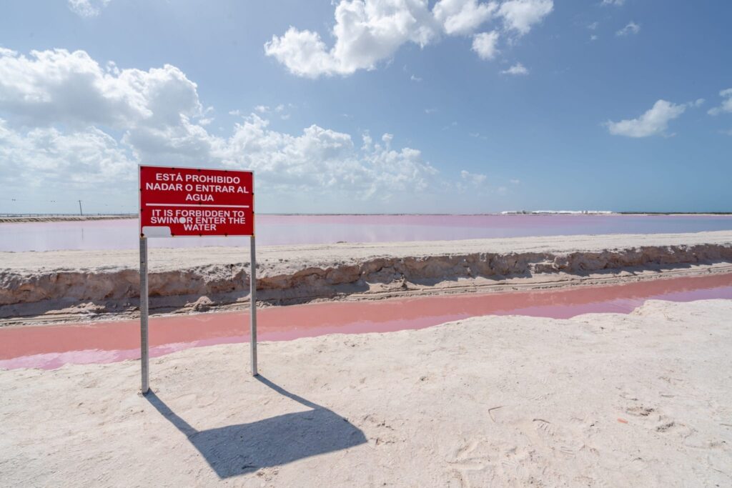 Pink Lakes of Las Coloradas Mexico with a moat visible and red "no swimming" sign in the foreground