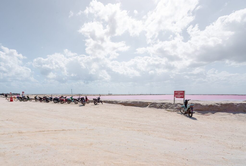 view of pink lakes mexico from afar