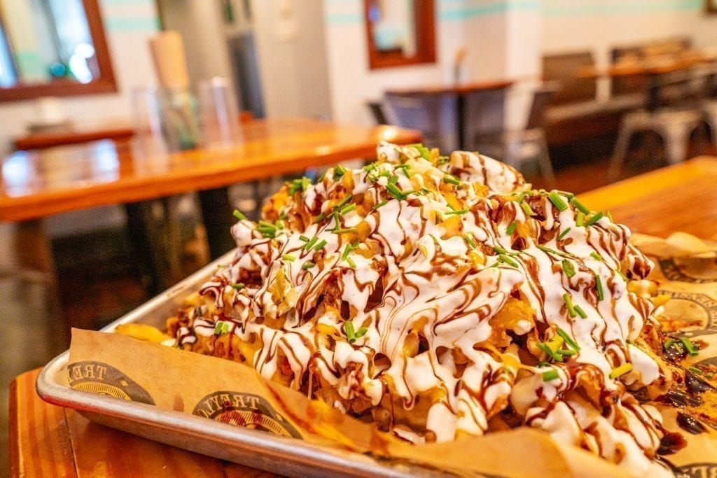 Gigantic plate of loaded fries from Treylor Park, a popular Savannah restaurant