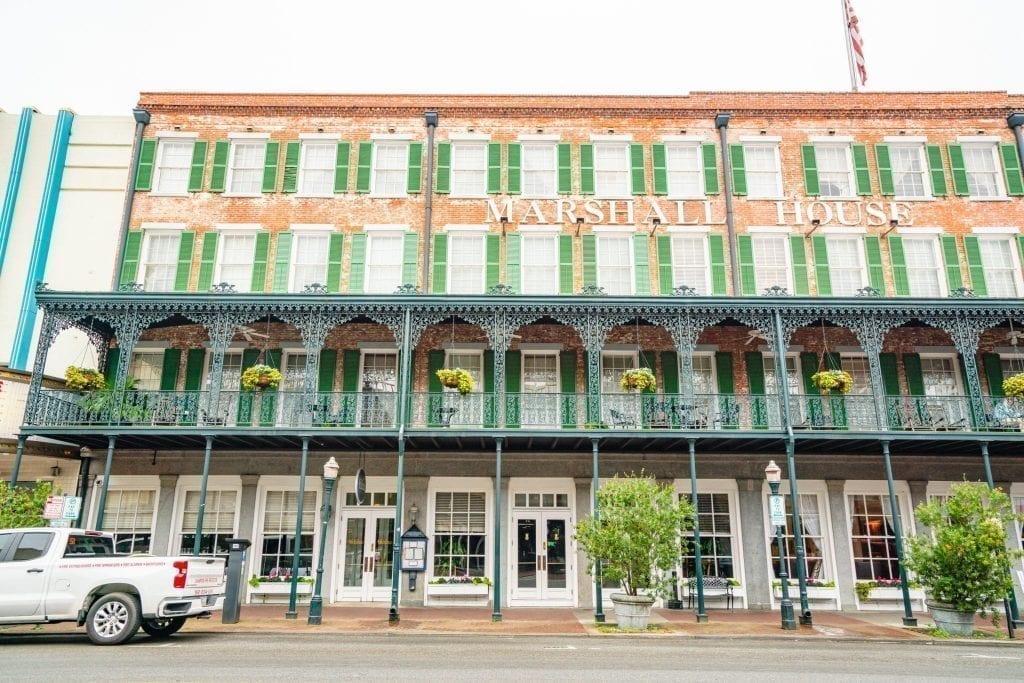 Front facade of The Marshall House on Broughton Street in Savannah GA