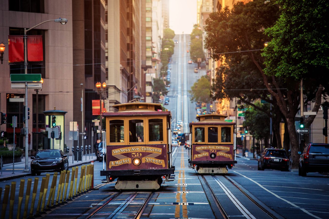 historic trams in san francisco california, as photographed around sunset