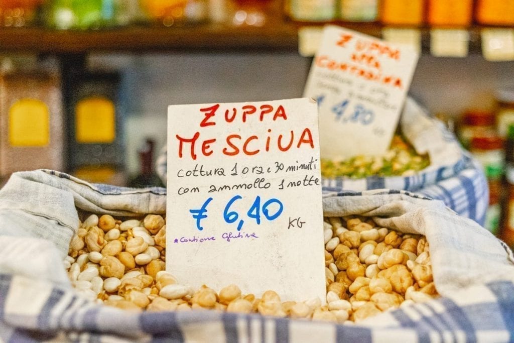dried beans for sale in a tuscan market during may in tuscany spring