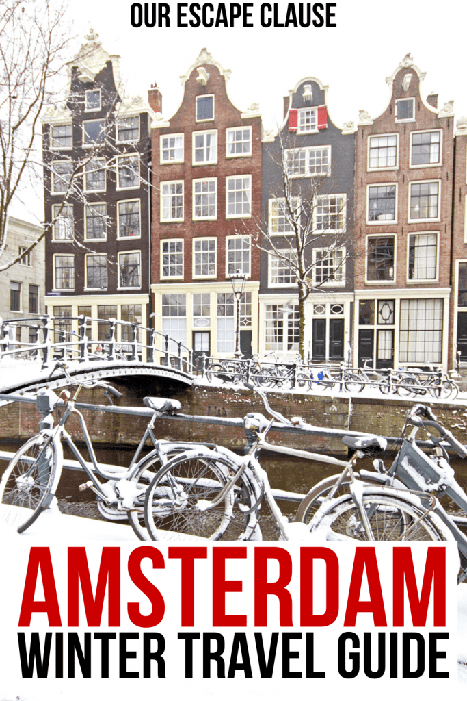 Rowhouses along an Amsterdam canal on a snowy day with bikes parked in the foreground. Black and red text on a white background reads "Amsterdam winter travel guide"