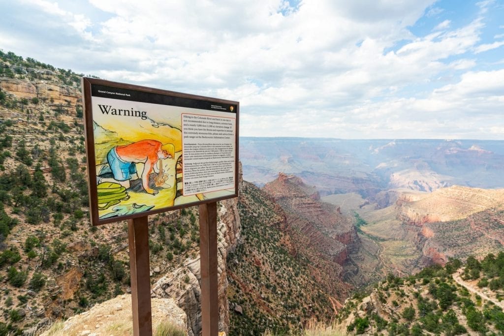 warning sign from nps about grand canyon safety on bright angel trail