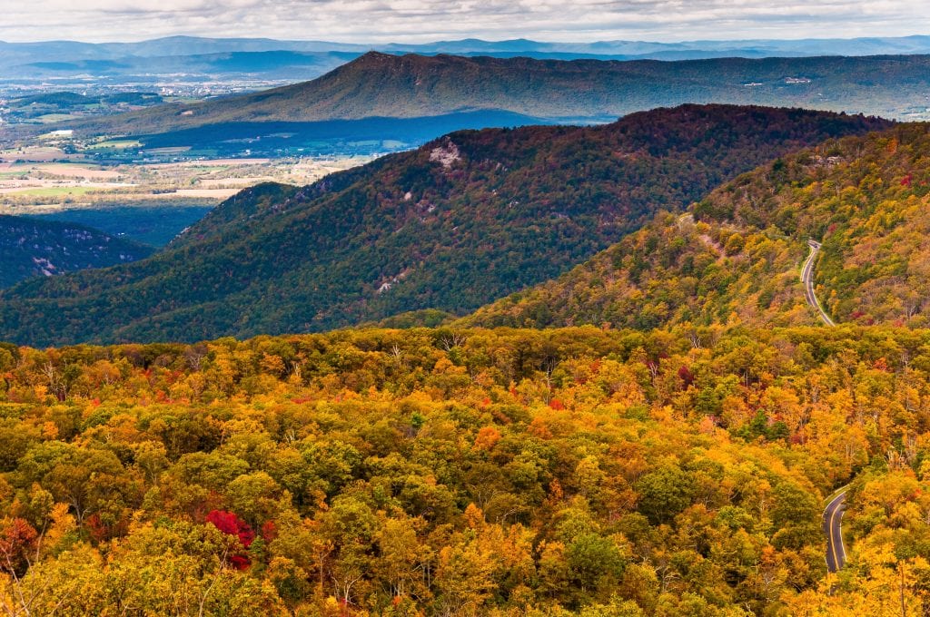 view of shenandoah national park from above during fall foliage season. a small section of skyline drive is visible on the right