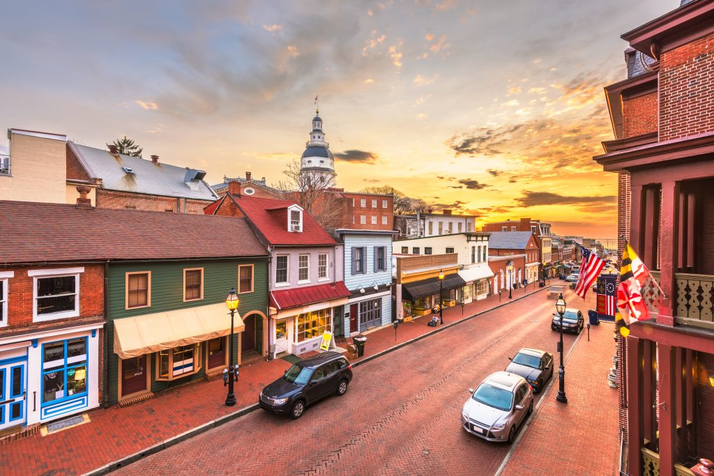 golden sunset over main street in annapolis maryland, one of the most beautiful small towns in america
