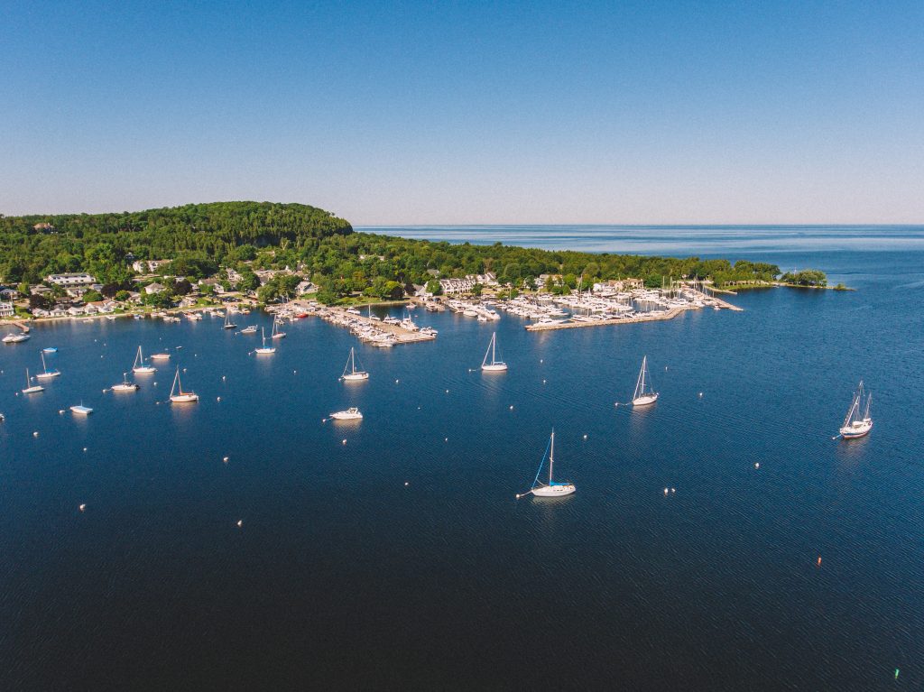 aerial view of sailboats parked near fish creek wisconsin