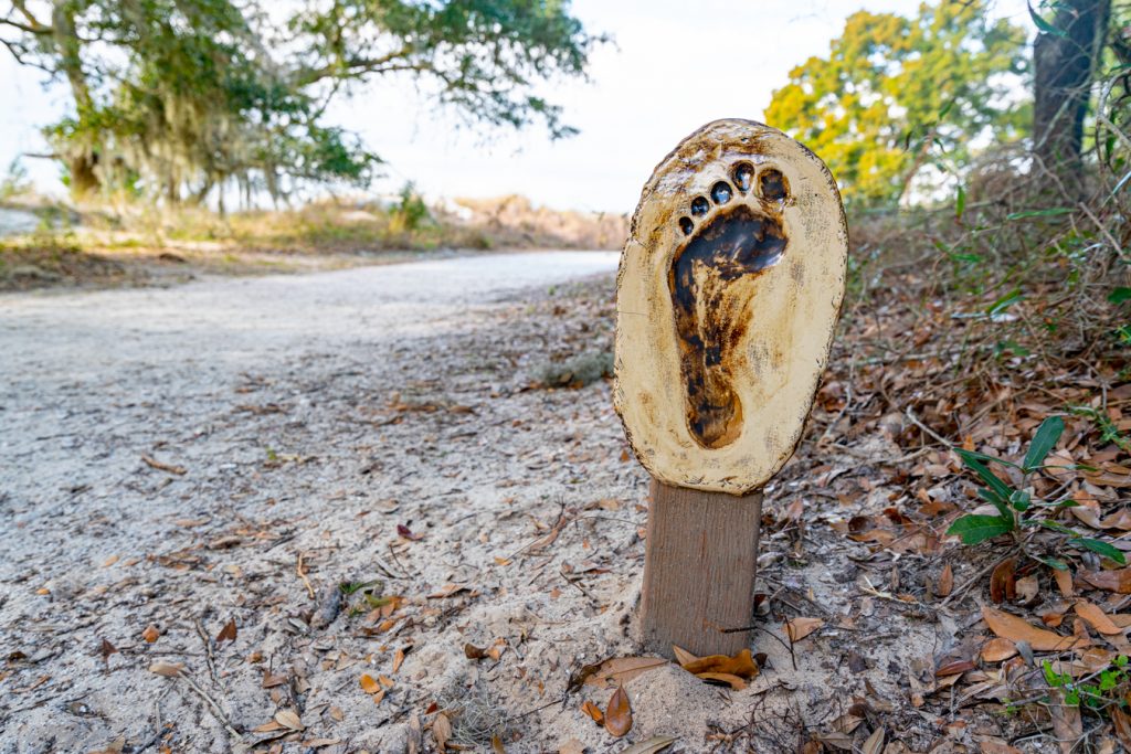 wooden footprint sign marking the wanderer memory trail, one of the most important places to visit on jekyll island ga