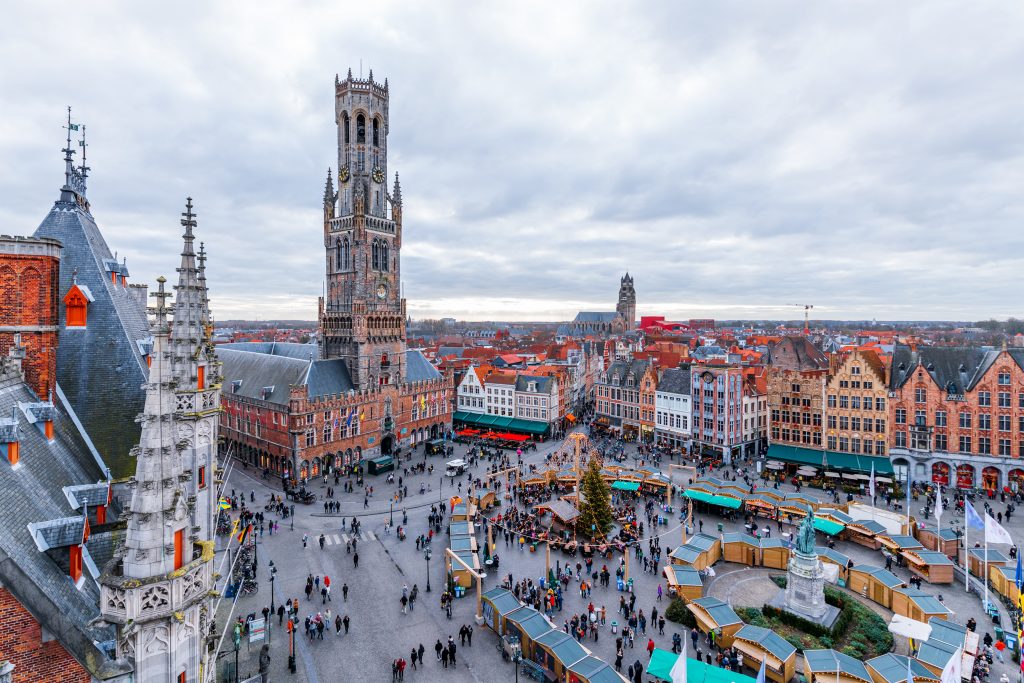 view of bruges in winter from above on a gray day