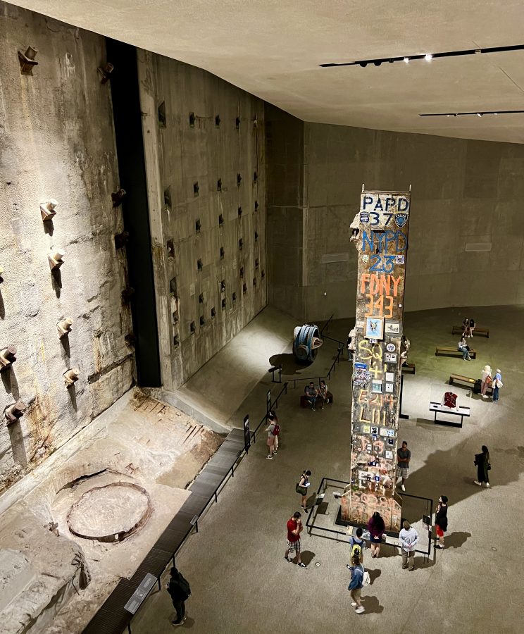 interior of 9/11 museum with a steel beam in the center as seen from above
