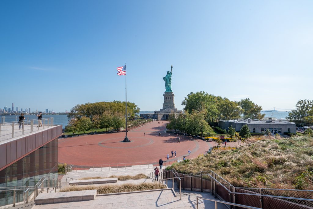 view of liberty island from staircase leading to the top of the statute of liberty museum