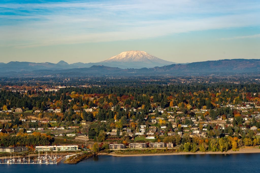 aerial view of vancouver washington with mountain in the background