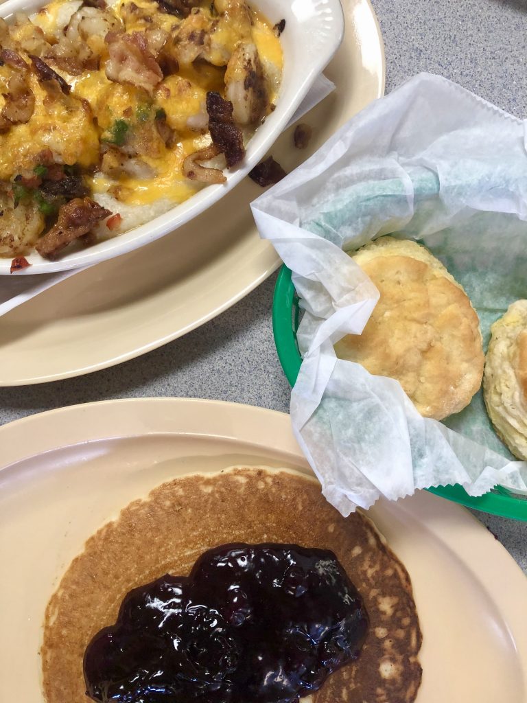 breakfast spread including blueberry pancakes at 4 corners diner atlantic beach nc