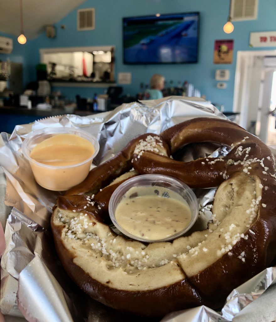 soft pretzel at idle house biergarten, one of the best restaurants on the water atlantic beach nc
