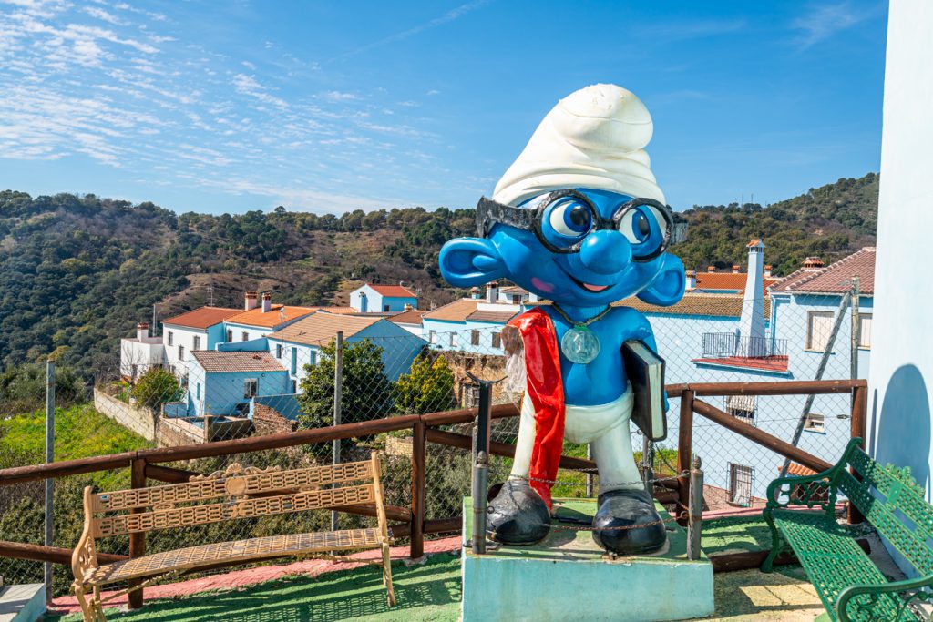 smurf statue at a small park in juzcar spain smurf village