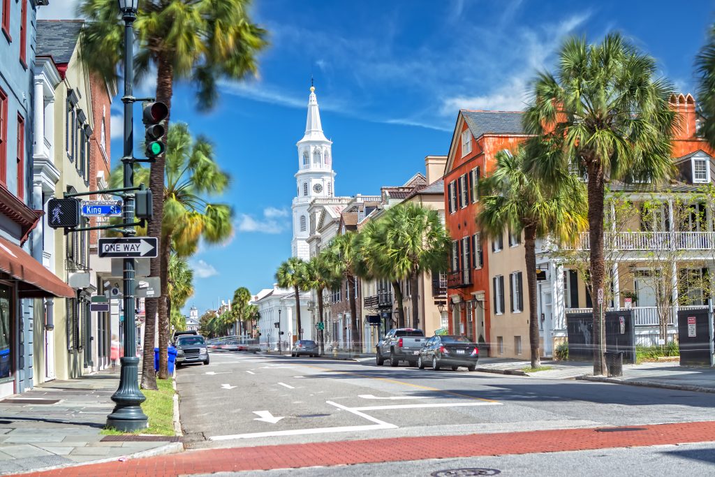 broad street charleston with st michaels church in the background, one of the best charleston instagram spots