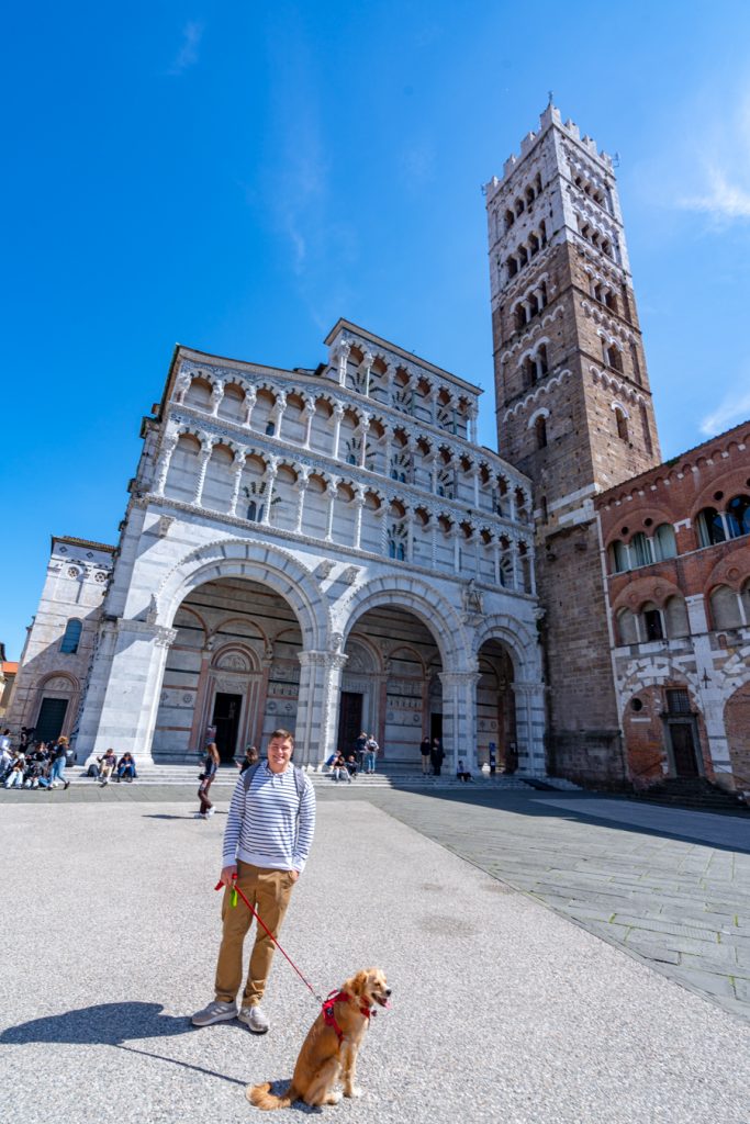 jeremy storm and ranger storm in front of st martin cathedral, one of the best attractions lucca italy
