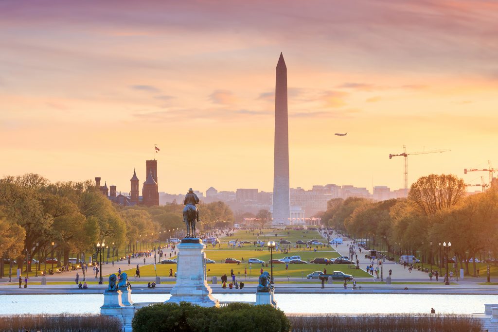sunset on the national mall in washington dc facing the washington monument, one of the best places to visit on the east coast america