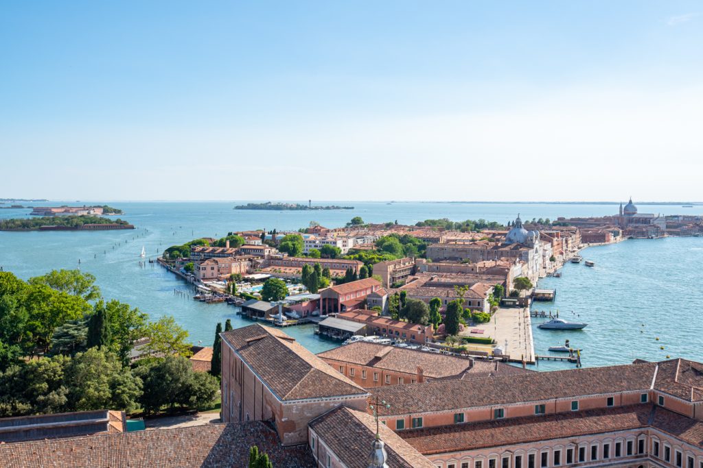 view of giudecca and san giorgia maggiore from above, some of the best islands in venice lagoon to visit