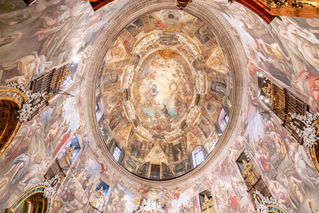 fresco ceiling of the sistine chapel of madrid, as seen during a few days in madrid spain