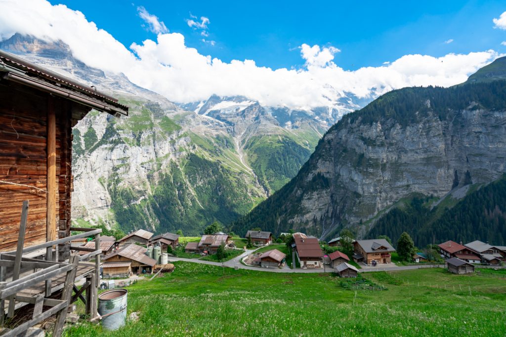view of gimmelwald switzerland from above, seen as approaching town from the murren to gimmelwald hike