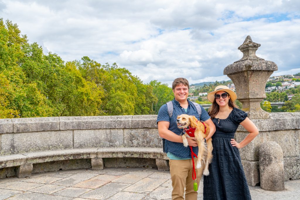 kate storm jeremy storm and ranger storm on the sao goncalo bridge, one of the best places to visit in amarante portugal