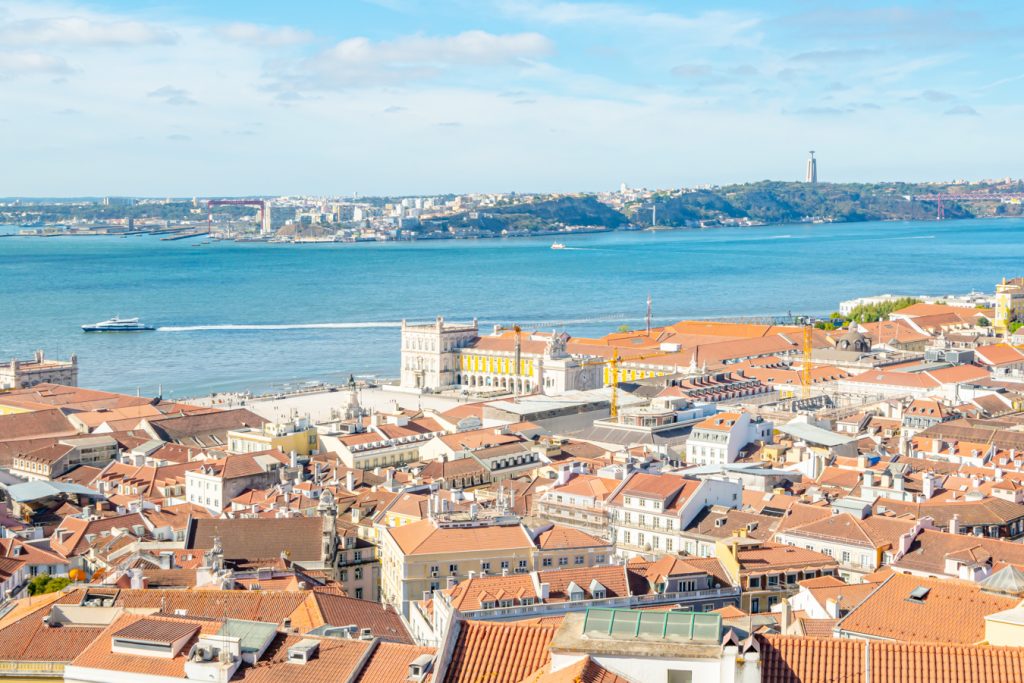 view of lisbon and the tagus river from castelo de sao jorge, one of the most beautiful viewpoints in lisbon