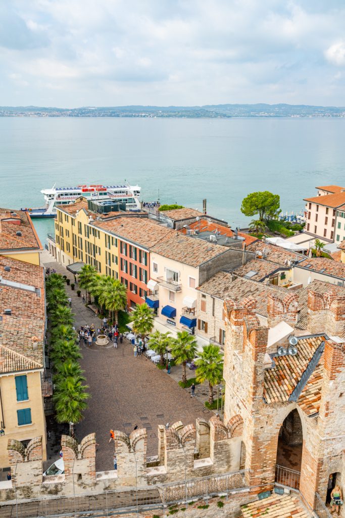 view of piazza in sirmione historic center as seen from castello scaligero di sirmione