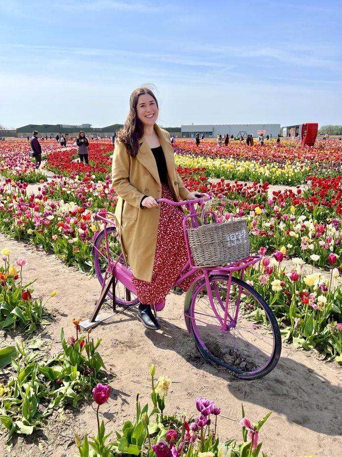 kate storm posing on a bike at the tulip barn in hillegom the netherlands