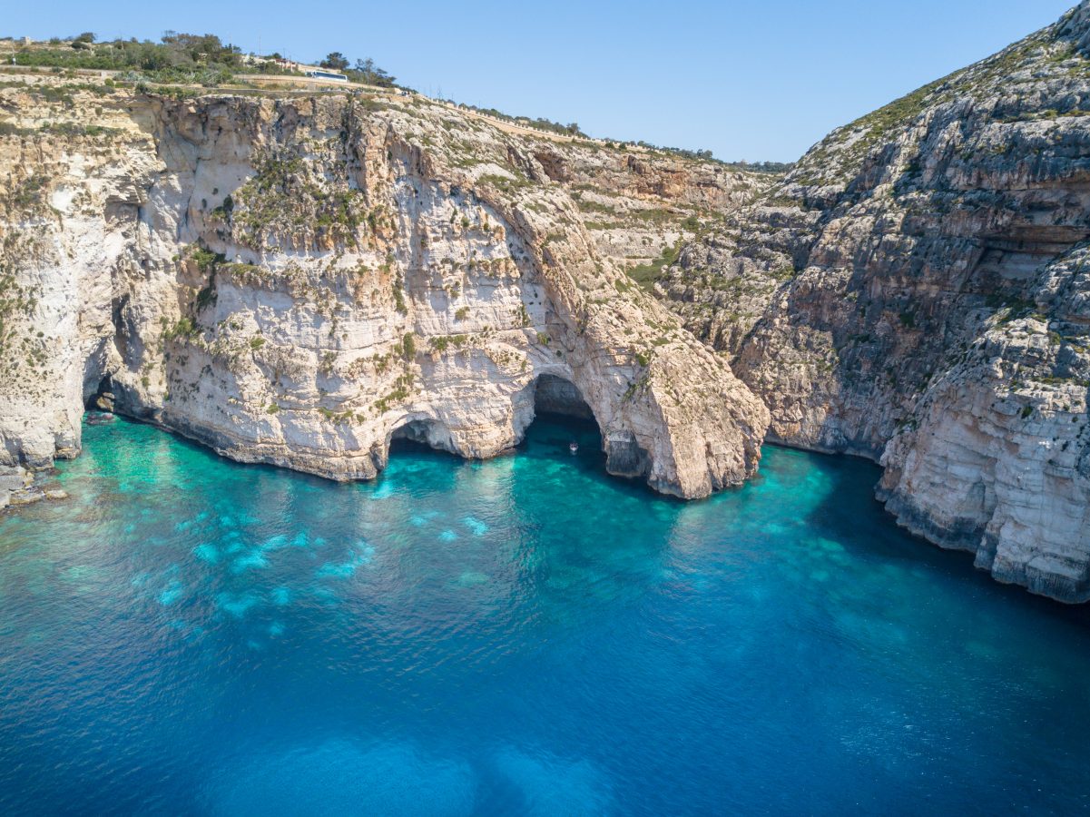 aerial view of malta blue grotto area looking back toward the cliffs