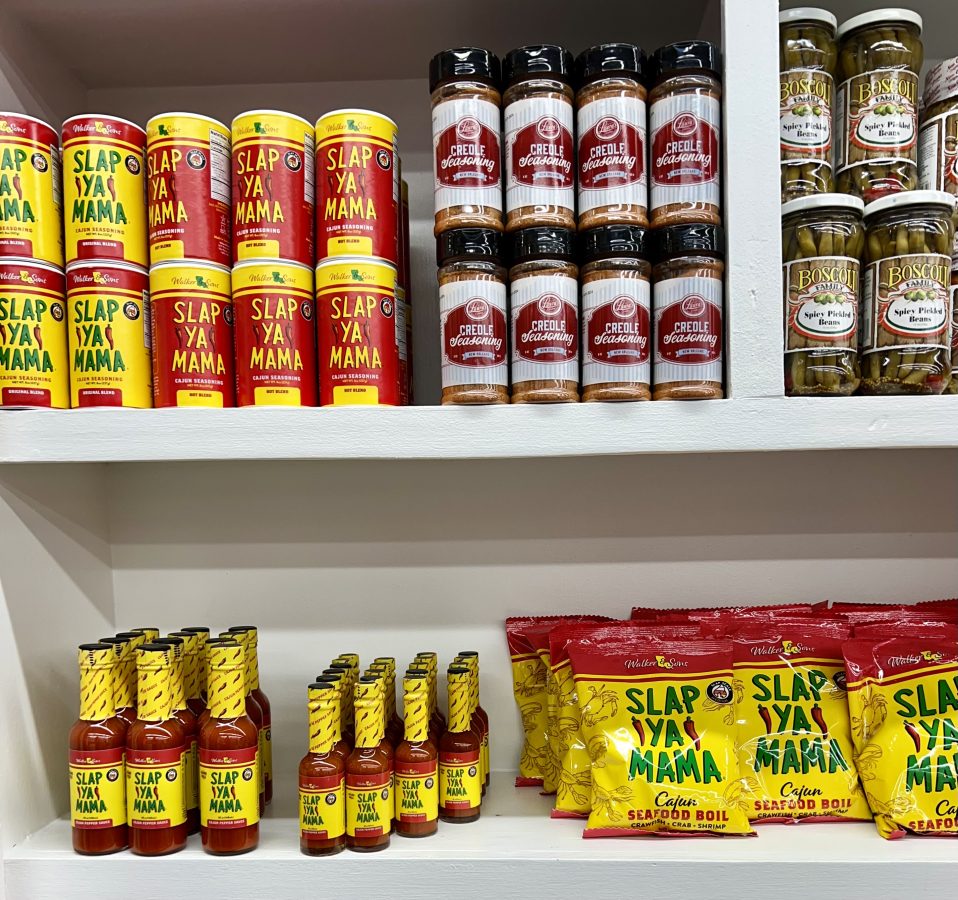 selection of cajun seasoning on display in a new orleans gift shop