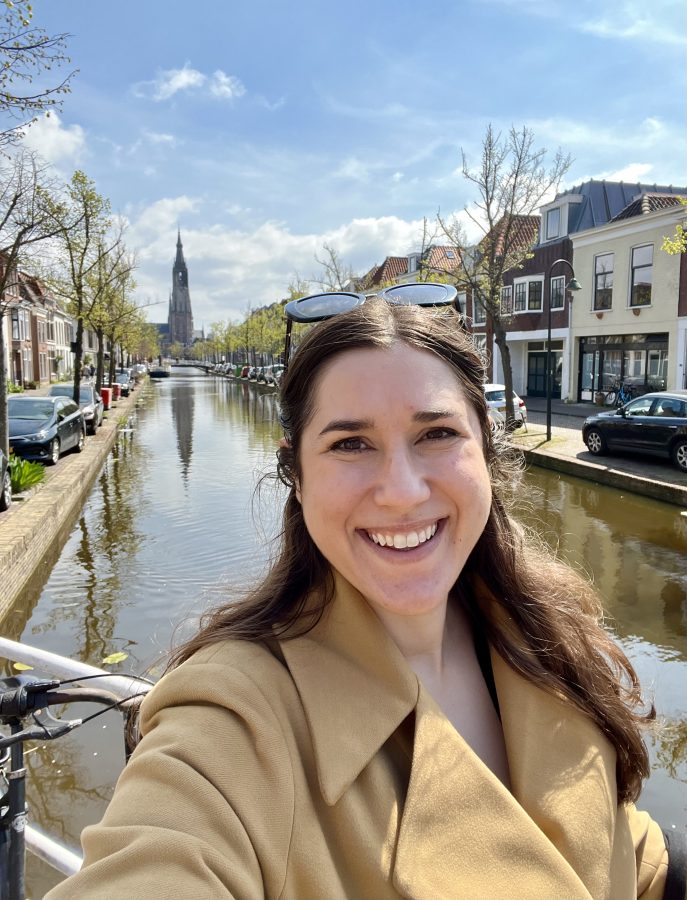 kate storm selfie taken along a canal when visiting delft from amsterdam