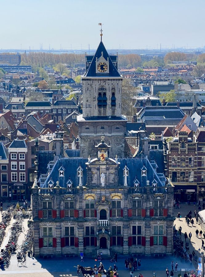 view of delft city hall in the markt from above