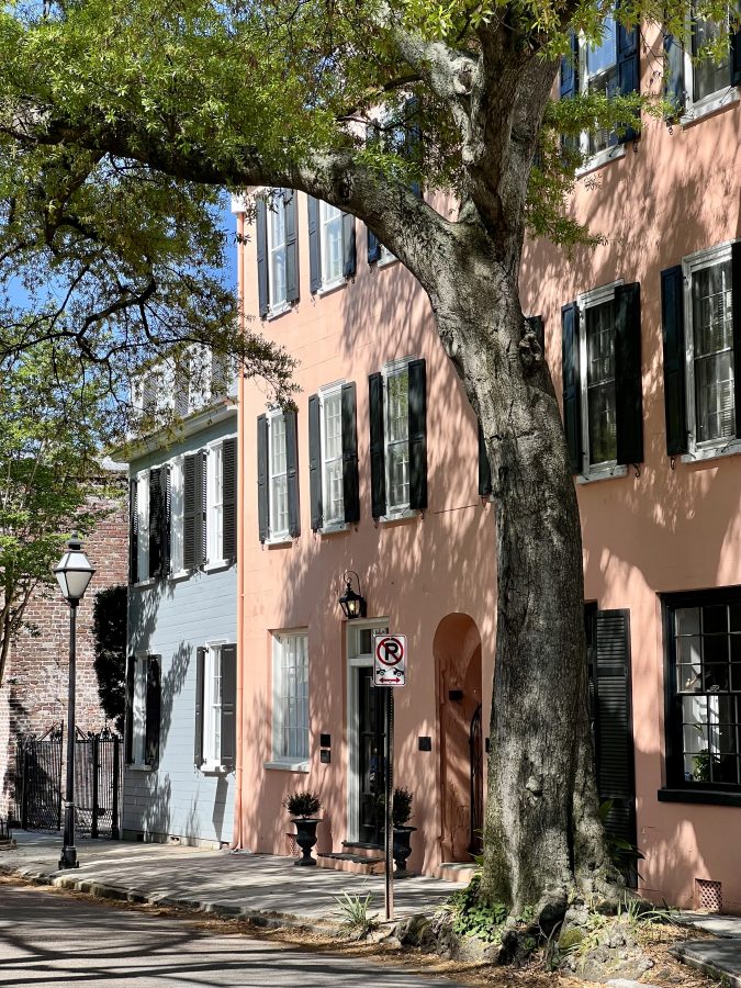 colorful buildings lining church street shaded by trees in charleston sc