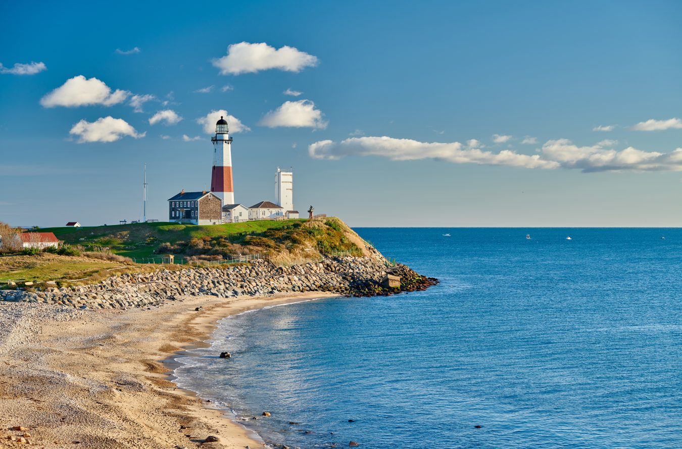 montauk lighthouse and beach as seen from a distance