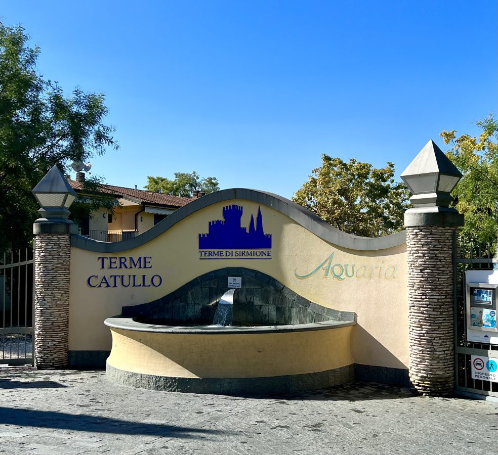 front sign of terme catullo with fountain in sirmione on lago di garda