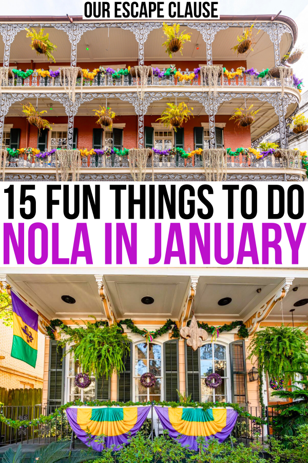 2 photos of new orleans buildings decorated for mardi gras, black and purple text reads "15 fun things to do nola in january"