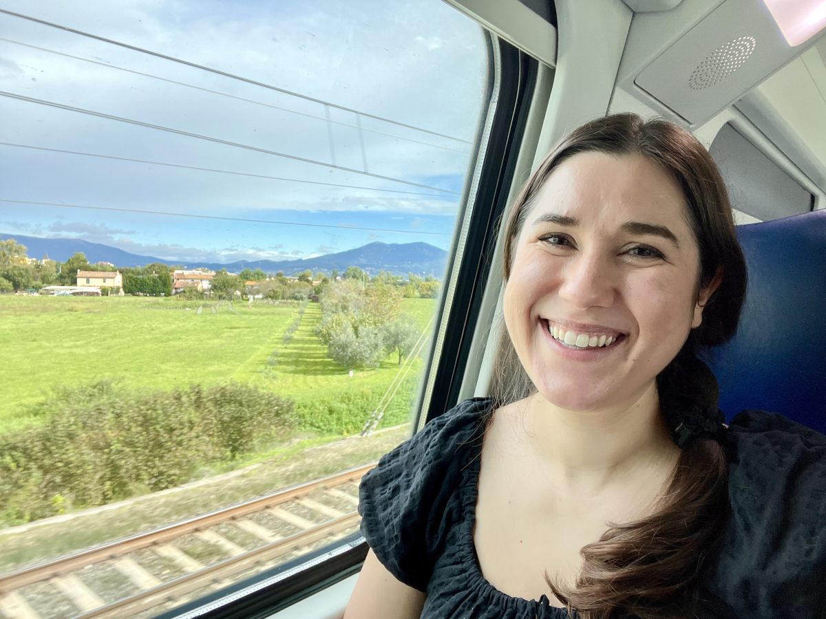 kate storm riding a trenitalia train from florence to pisa for a day trip