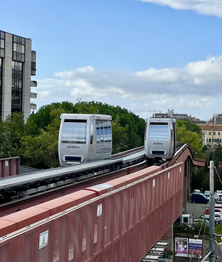 two perugia minimetro cars passing each other on the funiclar line